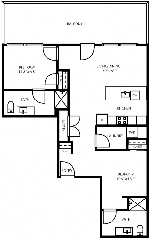 2D Illustration of 2 Bedroom Layout